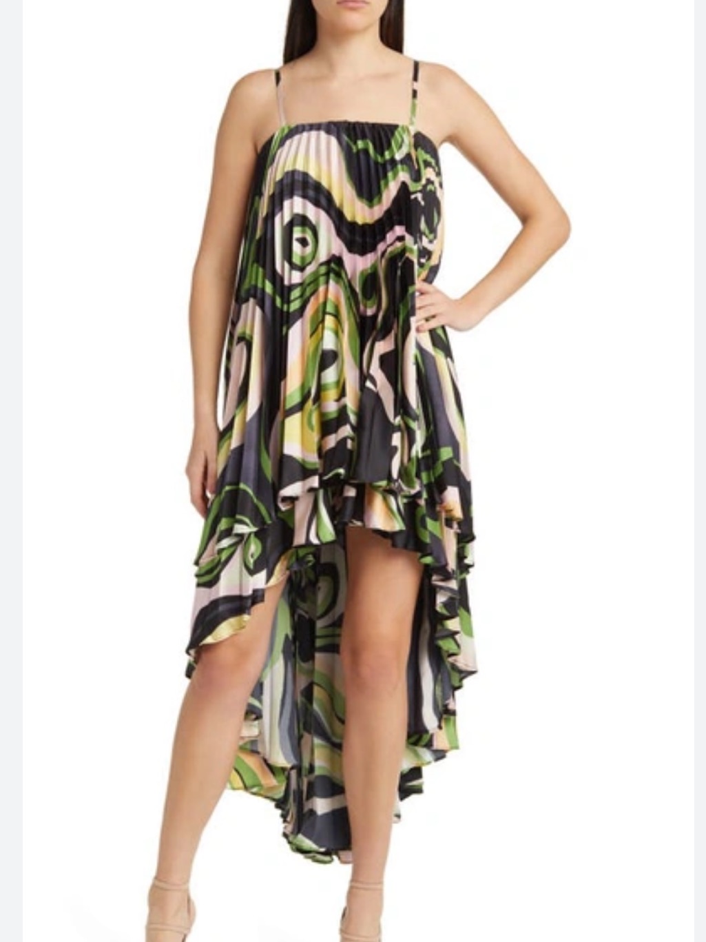 Hutch Zae Flowy Pleated High-Low Printed Spaghetti-Strap Dress
